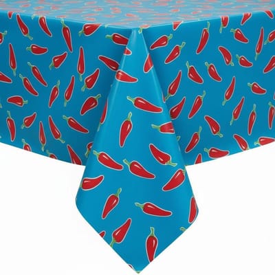Protecttable - Rond Mexicaans tafelzeil Chiles rood op blauw ⌀118cm - Tafelkleed Afwasbaar - Kunststof