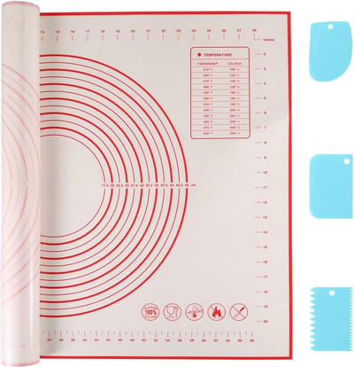 Bakmat, siliconen, groot, 70 x 50 cm, siliconen mat, bakken, antislip, anti-aanbaklaag, deegmat, bakonderlegger met meting, uitrolmat voor fondant, gebak, pizza, BPA-vrij (rood + 3 schrapers)