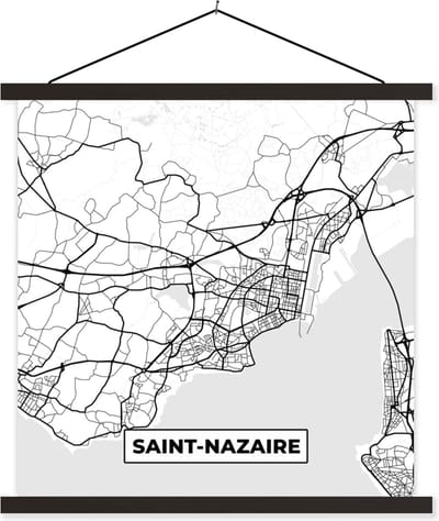 Posterhanger incl. Poster 60x60 cm - Schoolplaat - Stadskaart - Plattegrond - Kaart - Saint-Nazaire - Frankrijk - Zwart wit - Textielposter - Zwarte latten - Stadskaart