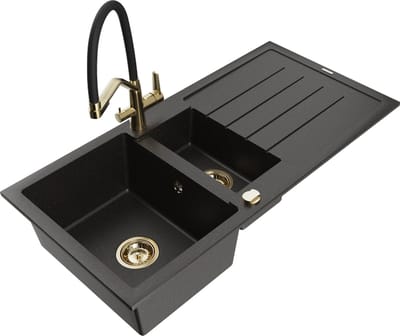 Mexen Andres granieten gootsteen 1,5-komor met afdruiprek en keukenkraan Duo, zwart/goud metallic - 6515-75-671701-57-G