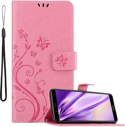 Cadorabo Hoesje geschikt voor Honor 7C / Huawei Y7 2018 in BLOEMEN ROZE - Beschermhoes in bloemmotief met magnetische sluiting, standfunctie en kaartsleuven Book Case Cover Etui