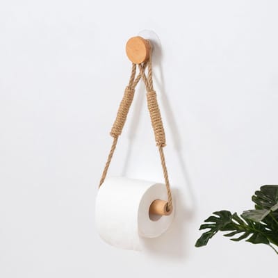 Houten en Touw Wandhouder voor Toiletpapier - Rustieke Wandmontage voor Toiletpapierrollen - Nautische Rattan Badkameraccessoires - Zelfklevend of Schroefmontage - Natuurlijke Stijl voor Badkamer of Gastentoilet
