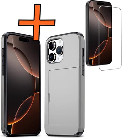 Hoesje Geschikt voor iPhone 16 Pro Hoesje Pasjeshouder Shockproof Hard Case Met Screenprotector - Hoesje Geschikt voor iPhone 16 Pro Hoes Met Kaarthouder - Grijs
