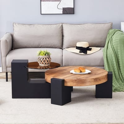 DESMIU Ronde Salontafel Met Twee Niveaus En Losse Bijzettafel Voor Woonkamer Slaapkamer En Balkon Van MDF En Glas Zwart Hout 61 Cm En 44 Cm