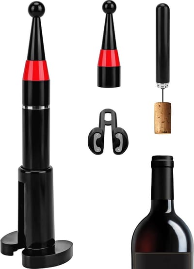 Draagbare Wijnflesopener met Luchtdrukkurkentrekker en Ingebouwde Foliesnijder, Perfecte Wijnaccessoire voor Wijnliefhebbers en Sommeliers, Zwart