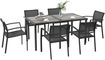 Tuinset - 7-delige Zitgroep - met 1 Tuintafel & 6 Stapelbare, Ademende Stoelen - Tuinmeubelset voor 6 Personen - Tuintafelset - Tuin Eetset - Diningset - Zitset - voor Terras, Balkon, Tuin - Grijs