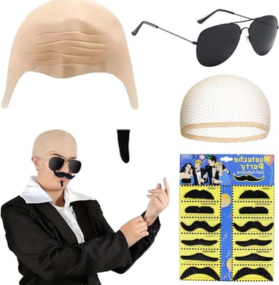 Bald Masker en Hoed, Elastisch Haarnet, Zwarte Neppartij Baard en Accessoires voor Carnaval en Halloween, 13 Stuks, Perfect voor Feestjes