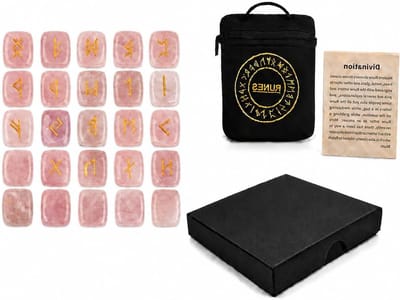 Runenset van 25 Edelstenen, Roze Kwarts, Elder Futhark, Voor Meditatie, Mystiek en Heling