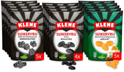 Klene Combidoos - Drop - Mix van Zoute Ovaaltjes, Honingbijtjes & Ademin - Zout, Honing & Eucalyptus - Suikervrij - 14x110gr