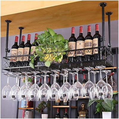 Wijnrek Metaal - Wandplank Wijnglas - Keuken Organiseren - Gepoedercoat Afwerking - 60x25 cm - Zwart