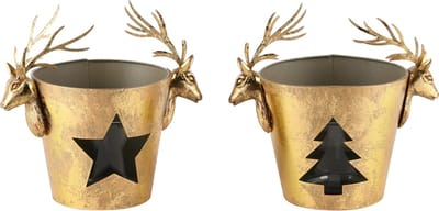 Dekoratief | Theelichthouder m/hertenkop, goud, metaal, 12x12x8cm, set van 2 stuks | A245808