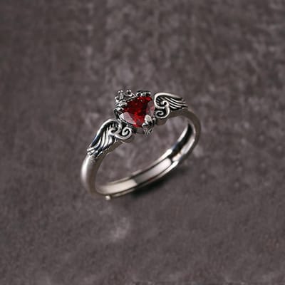 Temperament Oude Koperen Engelenvleugel Ringen Kroon Vleugels Rode Hartvormige Zirconia Verstelbare Openingsringen Voor Vrouwen Sieraden Cadeaus resizable gray
