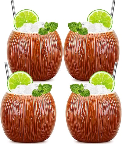 Set van 4 Tiki Mokken - Coco Keramische Tropische Cocktailglazen voor Exotic Drinks, Hawaiian Cocktails en Feestelijke Sfeer