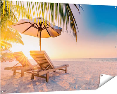 Gards Tuinposter Tropisch Strand tijdens Zonsondergang - 150x100 cm - Tuindoek - Tuindecoratie - Wanddecoratie buiten - Tuinschilderij