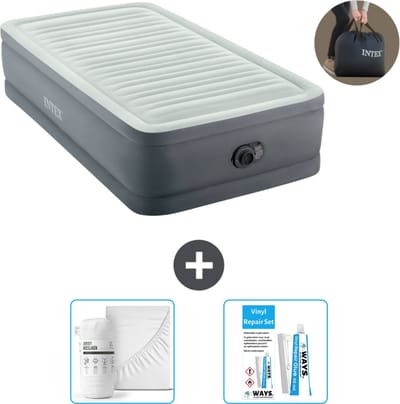 Intex Luchtbed - 1-Persoons - 99 x 191 x 46 cm - Grijs - Inclusief pomp - Hoeslaken en Reparatieset
