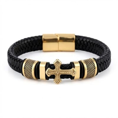 Heren armband – zwart gevlochten leer met goudkleurig kruis detail – magneetsluiting