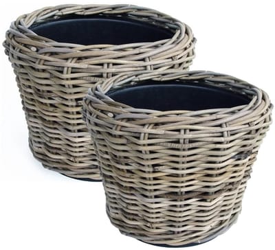 Van der Leeden Planten/bloemen mand - 2x - rotan - gevlochten riet - D27 x H20 cm - drypot - plantenpot - plantenmand - nestbaar