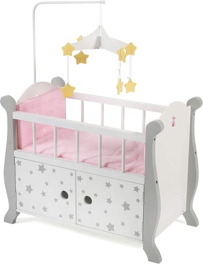 Poppenbed met mobiel en opbergruimte voor poppen tot 46 cm