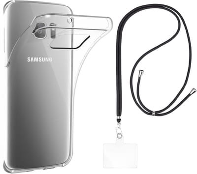 Set met hoesje en nekband voor Samsung Galaxy s7 edge - Flexibele, transparante TPU-bescherming, verstelbare universele nekband voor mobiele telefoons, zwarte nekband, transparante draagriem van Phonillico®