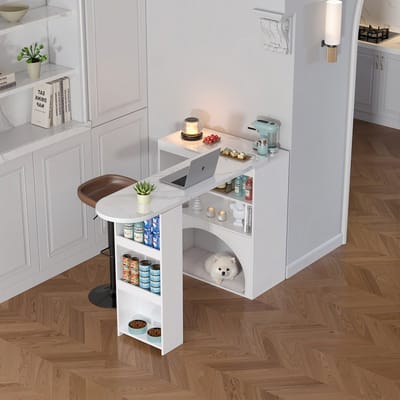 STILVORA Bartafel - Uitschuifbaar En Draaibaar - Met Huisdierdoorgang En Open Opbergruimte - MDF Marmorlook Wit - 120x40x100 Cm