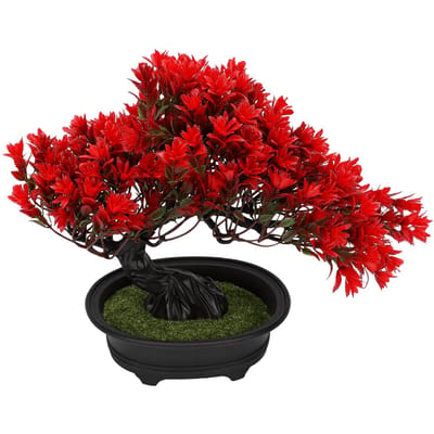 Arbre bonsaï artificiel rouge 24 cm de haut Plante en pot factice Décoration de bureau Simulation de bonsaï avec pot pour la maison