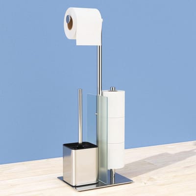 Toilethouder Staande wc-borstel en toiletrolhouder - Roestvrij staal wc-set met glazen plank - Zonder boren - Zilver