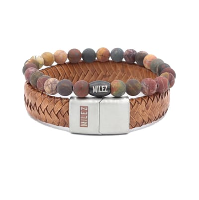 Milez - Armband set mannen - armband heren leer kralen - Cognac - Maat S