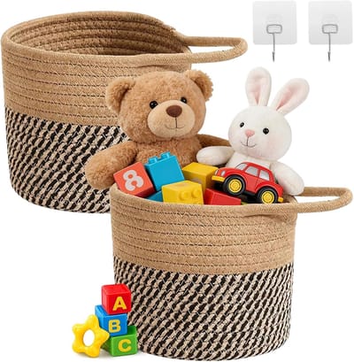 Set van 2 hangmanden, 15 x 15 cm, gevlochten wandmand van katoen met handvat, opbergmand om op te hangen voor keuken, badkamer en slaapkamer, mand organizer voor planten en accessoires (zwart/bruin)