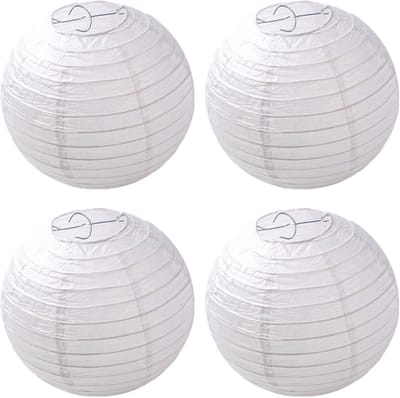 Thijox - 4 Witte Papieren Lampions 20 cm - Ronde Bolvormige Lantaarns met Bamboe Stijl - Geribbelde Decoratie voor Feest, Bruiloft, Tuin en Buitenacti