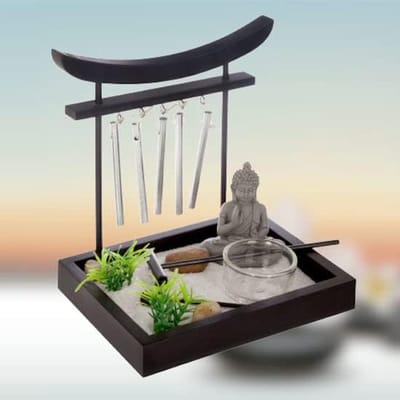 Zen Waxinehouder met Boeddha & Windgong - Relax plateau plankje - Thuis of Kantoor - Waxinelichtjes - Theelichthouder