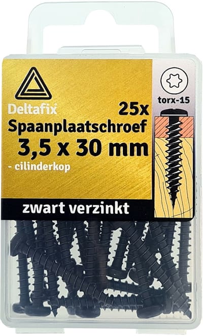 Deltafix spaanplaatschroeven 3,5 x 30 mm - zwart verzinkt - cilinderkop - Torx - 25 stuks