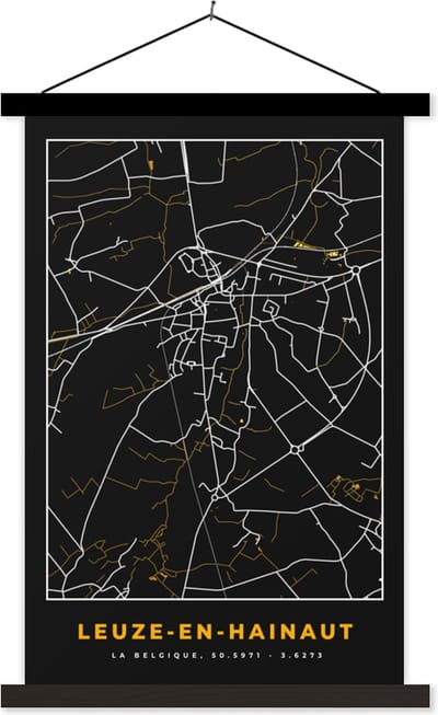 Posterhanger incl. Poster 40x60 cm - Schoolplaat - Stadskaart - Leuze-en-Hainaut - Plattegrond - Kaart - Textielposter - Zwarte latten - Stadskaart