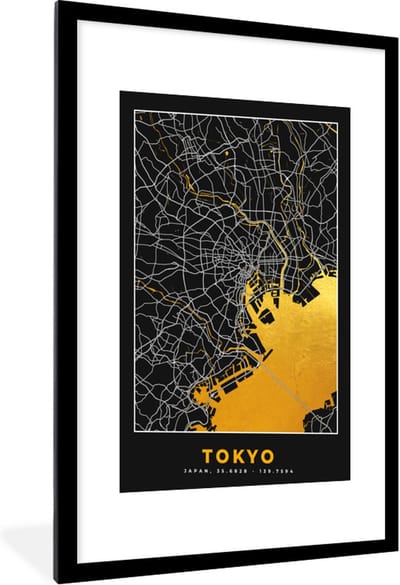 Fotolijst incl. Poster - Tokyo - Stadskaart - Goud - Plattegrond - Kaart - 60x90 cm - Posterlijst