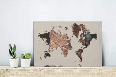 Glaskunst Wereldkaart - Wanddecoratie Kaart - Woonkamer Decoratie - Scherpe Fotoprint - 30x20cm - Bruin