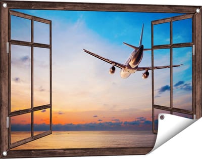 Gards Tuinposter Doorkijk Vliegtuig Boven de Zee bij Zonsondergang - 90x60 cm - Tuindoek - Tuindecoratie - Wanddecoratie buiten - Tuinschilderij