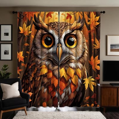 Ensemble de 2 pièces Rideau décoratif HD Érable Hibou Jaune à nouer Rideau imprimé numérique Style décoration intérieure Décoration salon chambre W52H63inchW132H160cm brown