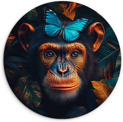 WallCircle® Wandcirkel 120x120 cm - Muurcirkel Chimpansee - Aap - Natuur - Blauwe vlinder - Muurdecoratie woonkamer - Wanddecoratie slaapkamer - Kamer decoratie accessoires - Ronde schilderijen XXL