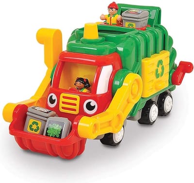 WOW Toys Flip 'n' Trip Fred - Batterijloze Vuilniswagen - Push & Go Vuilniswagen met 2 Afvalverzamelaars & 3 Containers - BPA-Vrij & Vaatwasserbestendig - Vanaf 1 tot 5 Jaar