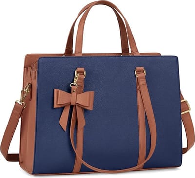Famanu - Dameshandtas voor de universiteit, PU-synthetisch materiaal draagtas, grote werktas, tas voor laptop van 15,6 inch, schoudertas, blauw en bruin.