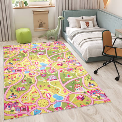 Tapiso Flannel Printed Kindertapijt Antislip Roze Stad Kinderkamer Vloerkleed Maat- 200x300