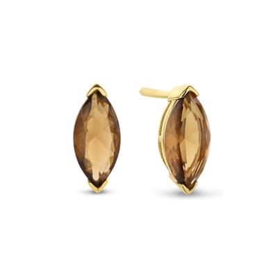 New Bling 9NB-0714 Zilveren Oorknopjes - Dames - Zirkonia - Ovaal - 11,5 x 5 mm - Bruin - Zilver - Gold Plated (Verguld/Goud op Zilver)
