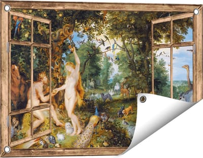 Gards Tuinposter Doorkijk Het Aardse Paradijs met de Zondeval van Adam en Eva - Jan Brueghel - 60x40 cm - Tuindoek - Tuindecoratie - Wanddecoratie buiten - Tuinschilderij