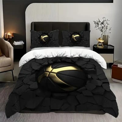Basketbal Dekbedovertrek Queen Size Sport Dunk Basketbal Dekbedovertrekken Voor Kinderen Tieners Zwart Bal Print Beddengoed Set Alle Seizoenen 180*220cm 3pcs