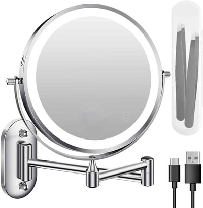 8 Inch Verlichte Cosmeticaspiegel - 3x Vergroting - Oplaadbare Wandspiegel Met 2000mAh Batterij - 3 Verstelbare Lichtkleuren - 360° Draaibaar - Pincet Inclusief - Cadeau Voor Make-Up Liefhebbers
