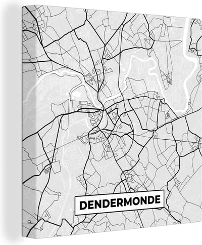 Canvas Schilderij Zwart Wit – België – Plattegrond – Stadskaart – Kaart – Dendermonde - 20x20 cm - Wanddecoratie