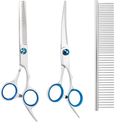TOVBMUP 3-pack - Schaar - Gebogen schaar - Hondenhaarschaar - Metaal - Voor honden, katten en huisdieren - Met knipschaar - Uitdunschaar - Kam - Blauw - 3 in 1
