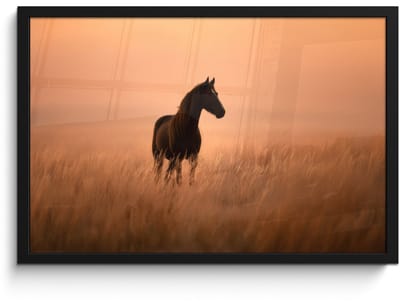 Poster in lijst - Fotolijst 60x40 cm - Posters - Paard - Grasveld - Zonsondergang - Posterlijst zwart - Decoratie - Wanddecoratie woonkamer - Muurdecoratie slaapkamer