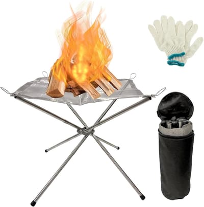 Draagbare Vuurkorf 55cm Opvouwbare Camping Vuurschaal van RVS met Draagtas en Handschoenen voor Houtverbranding in Tuin, Achtertuin en tijdens Picknicks