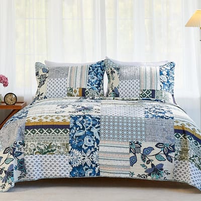 Sprei, quilt, set, 100% katoen, met 2 kussenslopen, patchwork, omkeerbaar, lichtgewicht, kingsize, 248,9 x 269,2 cm, saliegroen