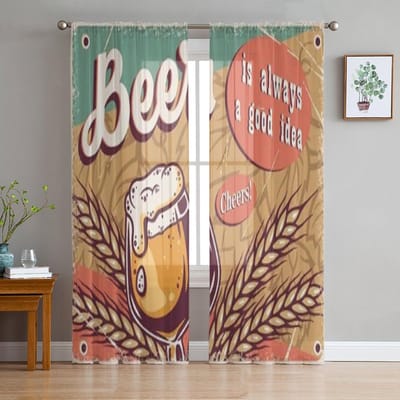 Retro Poster Craft Lager Bierpul Met Schuim Chiffon Transparante Gordijnen voor Woonkamer Slaapkamer Raamgordijn Voiles Tule Cortinas 135W x 114H(cm) beige
